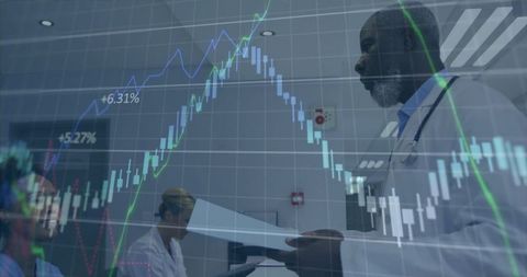 Doctors Analyzing Patient Data with Financial Analytics Overlay