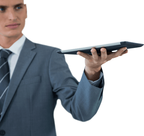 Businessman holding tablet with confident gesture on transparent background