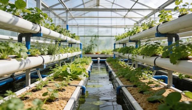 Hydroponic greenhouse growing lettuce and herbs in pvc nft channels with net cups