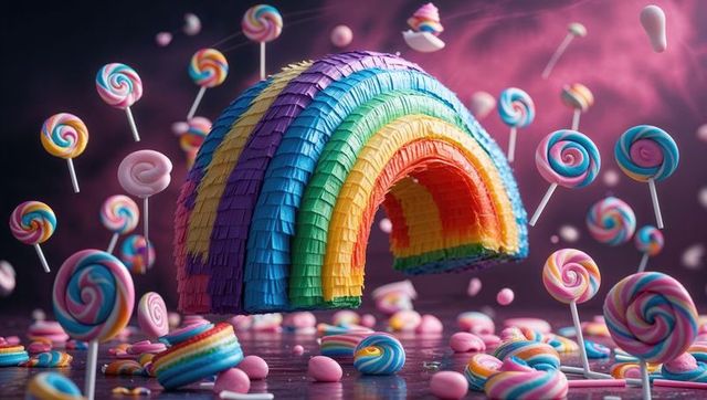 Floating Rainbow Piñata with Lollipops and Candies in Surreal Setting