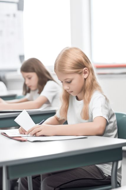 Two young girls in white shirts focused on studying in a modern and bright classroom environment. Ideal for visuals related to primary education, learning, academic programs, children's education promotions, and school advertising materials.
