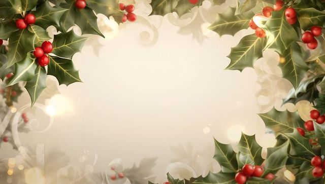 Holly and Red Berries Framing Beige Holiday Card with Golden Bokeh and Filigree Border