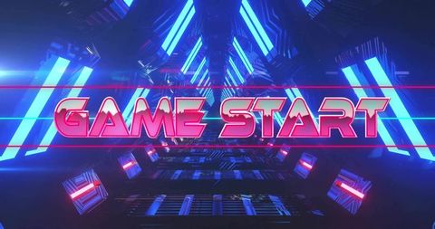 Flashing 3d game start neon title in synthwave tunnel with magenta scanlines