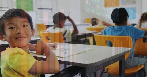 Smiling Boy in Classroom Illustrating Learning and Growth