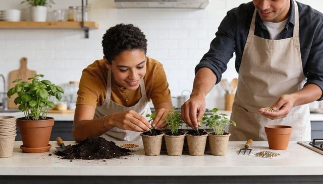 Couple planting kitchen herb garden, sprinkling seeds into biodegradable peat pots