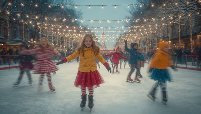 Joyful preteen girl ice skating at festive outdoor rink