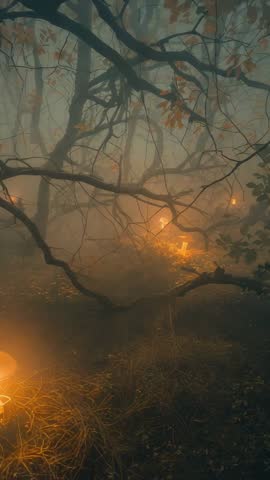 Vertical video panning through misty dusk forest revealing glowing mushroom lanterns
