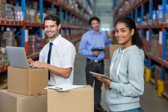Warehouse workers collaborating using technology such as laptops and tablets. Ideal for illustrating teamwork, logistics, and modern inventory management in a warehouse setting. Useful for business, industrial, and technology-related content.