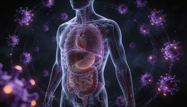 3D Translucent Torso Showing Lungs Heart Digestive Tract Surrounded by Virus Particles