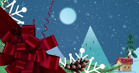 Festive Red Ribbon Overlaying Snowy Winter Scene