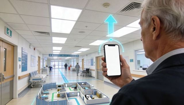 Senior using smartphone ar wayfinding in hospital corridor for accessibility and navigation