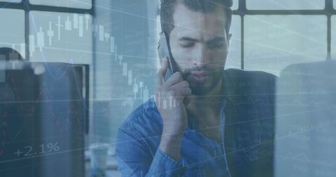 Business professional using phone during work with financial charts