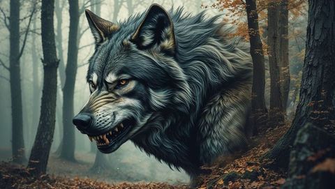 Majestic gray werewolf prowling misty forest