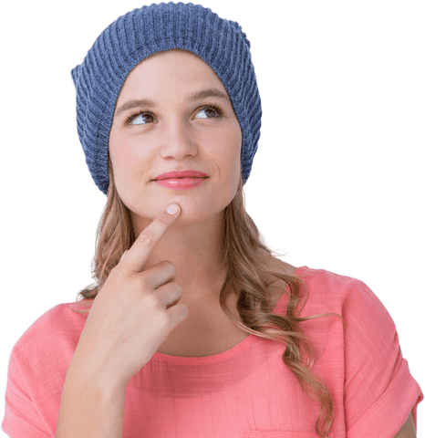 Thoughtful woman contemplating wearing blue hat and pink shirt transparent