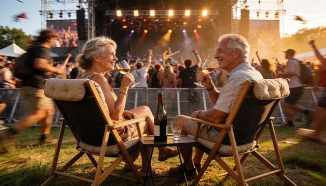 Senior couple relaxing with wine in deck chairs at outdoor concert during sunset festival