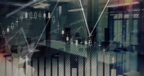 Candlestick Charts Overlay on Modern Office Background