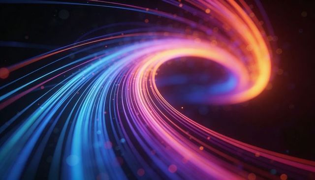 Swirling neon light trails curving through dark space with bokeh particles and glowing sparks