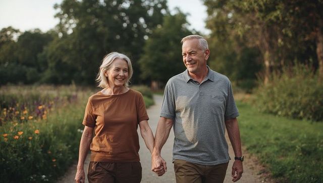 Senior couple walking hand in hand on meadow trail at golden hour smiling and relaxed