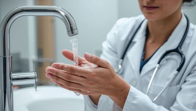 Clinician rinsing hands at sink with chrome faucet and stethoscope for infection control