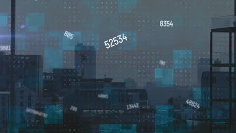 Data Processing Animation Over Urban Cityscape