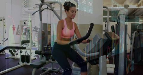 Woman in Pink Activewear Exercising with Financial Chart Overlay