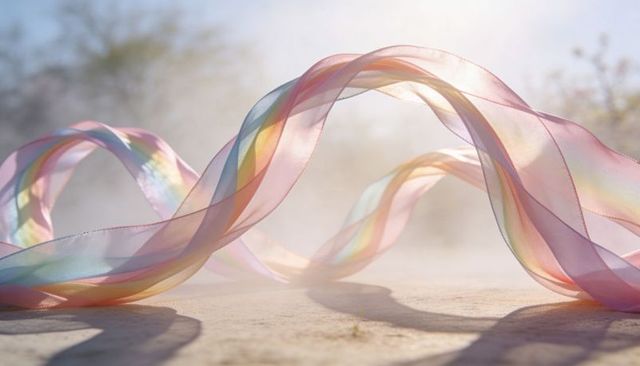 Translucent pastel rainbow ribbons flowing in sunlit mist creating soft arching waves