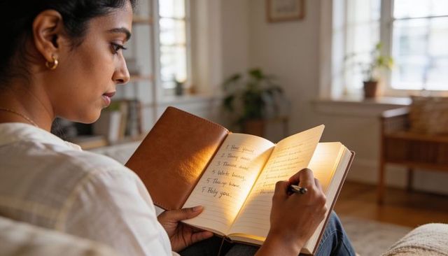 Indian woman journaling in sunlit living room with leather notebook, calm focused moment