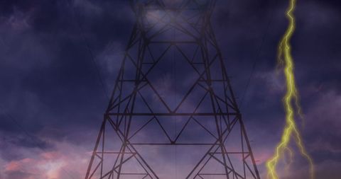 Dramatic Stormy Sky with Lightning Over Electric Towers at Sunset - Download Free Stock Images Pikwizard.com