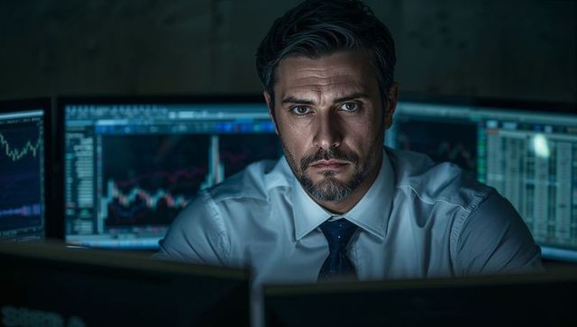 Focused trader monitoring stock charts late night, studying market data at trading desk