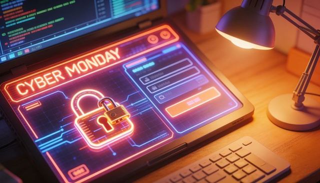Cyber monday secure checkout concept with neon padlock and login interface
