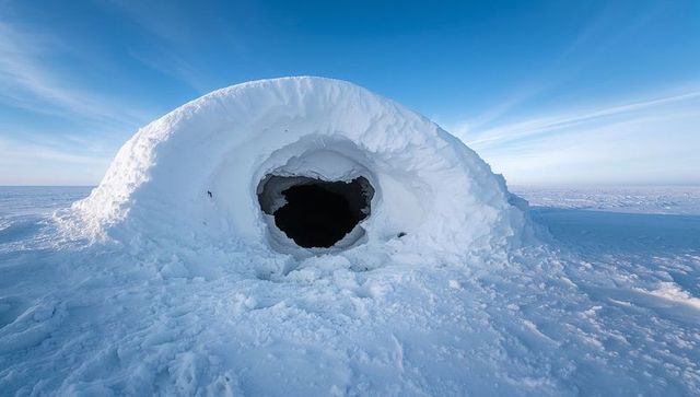 Arctic dome ice cave revealing dark circular entrance on vast frozen plain