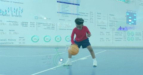 Young Athlete Dribbling Basketball Surrounded by Data Overlays