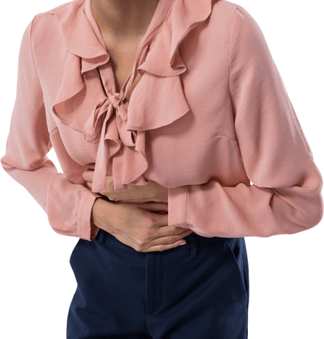 Female executive suffering with stomach pain on transparent background