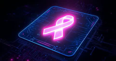 Neon Pink Ribbon on Digital Circuit Board in Abstract Void