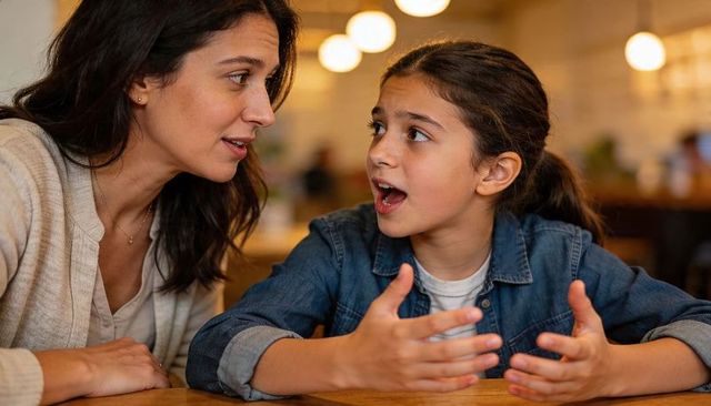 Mother and daughter having heartfelt conversation at cozy cafe, listening and talking