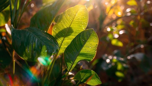 Sunlit Tropical Leaves with Dew in Lush Forest Environment