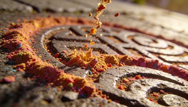 Vibrant holi powder pouring into carved stone grooves close-up macro colorful pigment