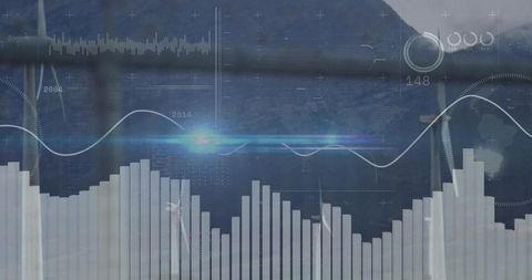 Misty Coastal Harbor Data HUD with Vertical Bar Chart and Waveform Overlay for Analytics