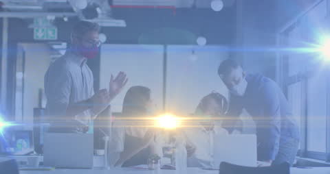 Business Team Collaborating with Futuristic Interface Overlay