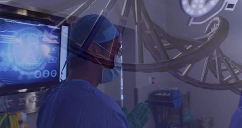 Surgeon preparing in high-tech operating room with dna hologram and clinical monitor
