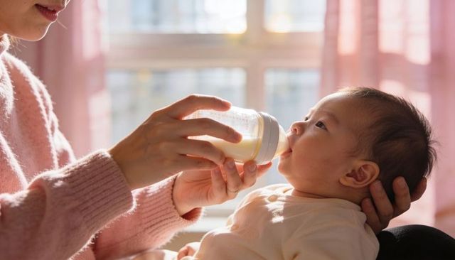 Caregiver feeding newborn with bottle, cradling head in sunlit cozy nursery window