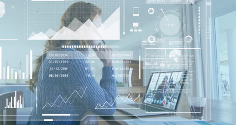 Businesswoman Engaged in Video Call with Graphical Data Interface Overlay