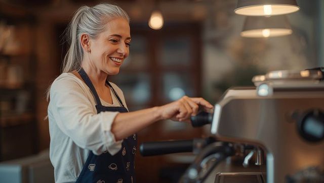 Senior Barista Brewing Coffee at Cafe with Espresso Machine