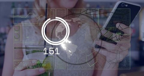 Blonde woman holding smartphone and sipping green drink with hud map overlay