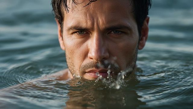 Intense male closeup emerging from lake water with wet hair, stubble, focused gaze, splashing ripple