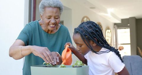 African american grandmother teaching granddaughter gardening, watering seedlings together