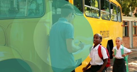 Digital Overlay on Diverse Students Boarding School Bus