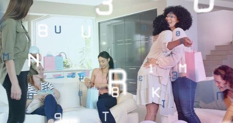 Friends hugging and celebrating at pastel gift party, opening presents, laughing, balloons