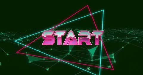 Neon 'start' text with futuristic digital background