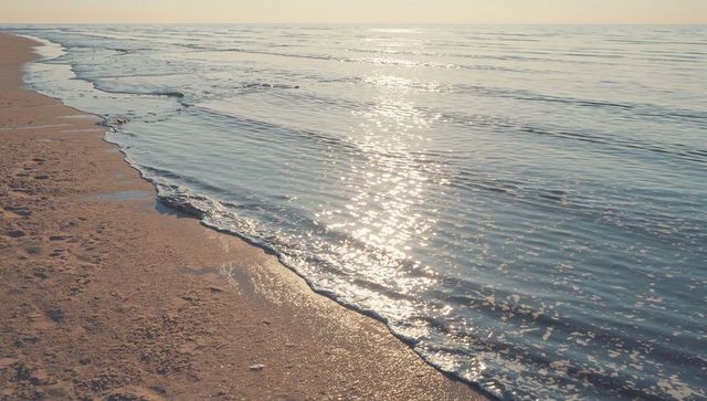 Sunlight dancing on gentle shoreline with lapping waves and glinting wet sand